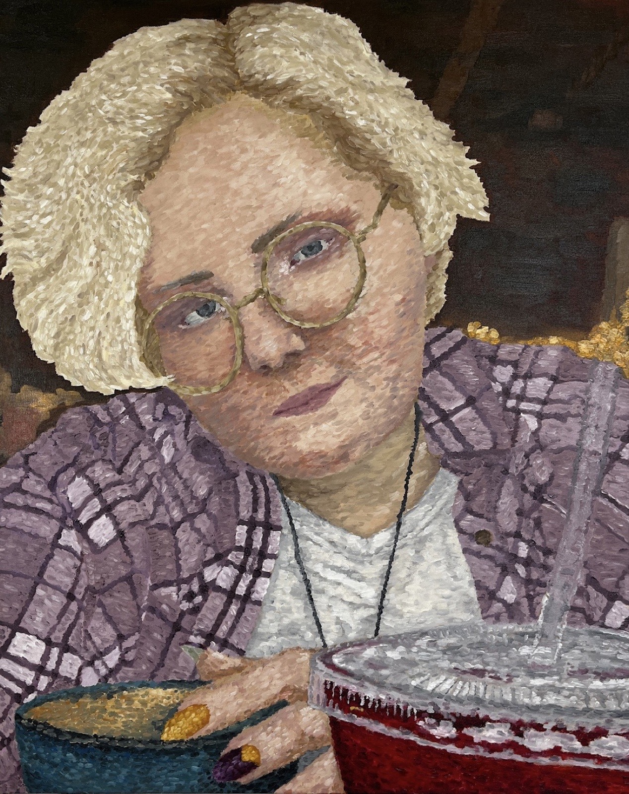 Self-Portrait, with Cereal — round oil painting